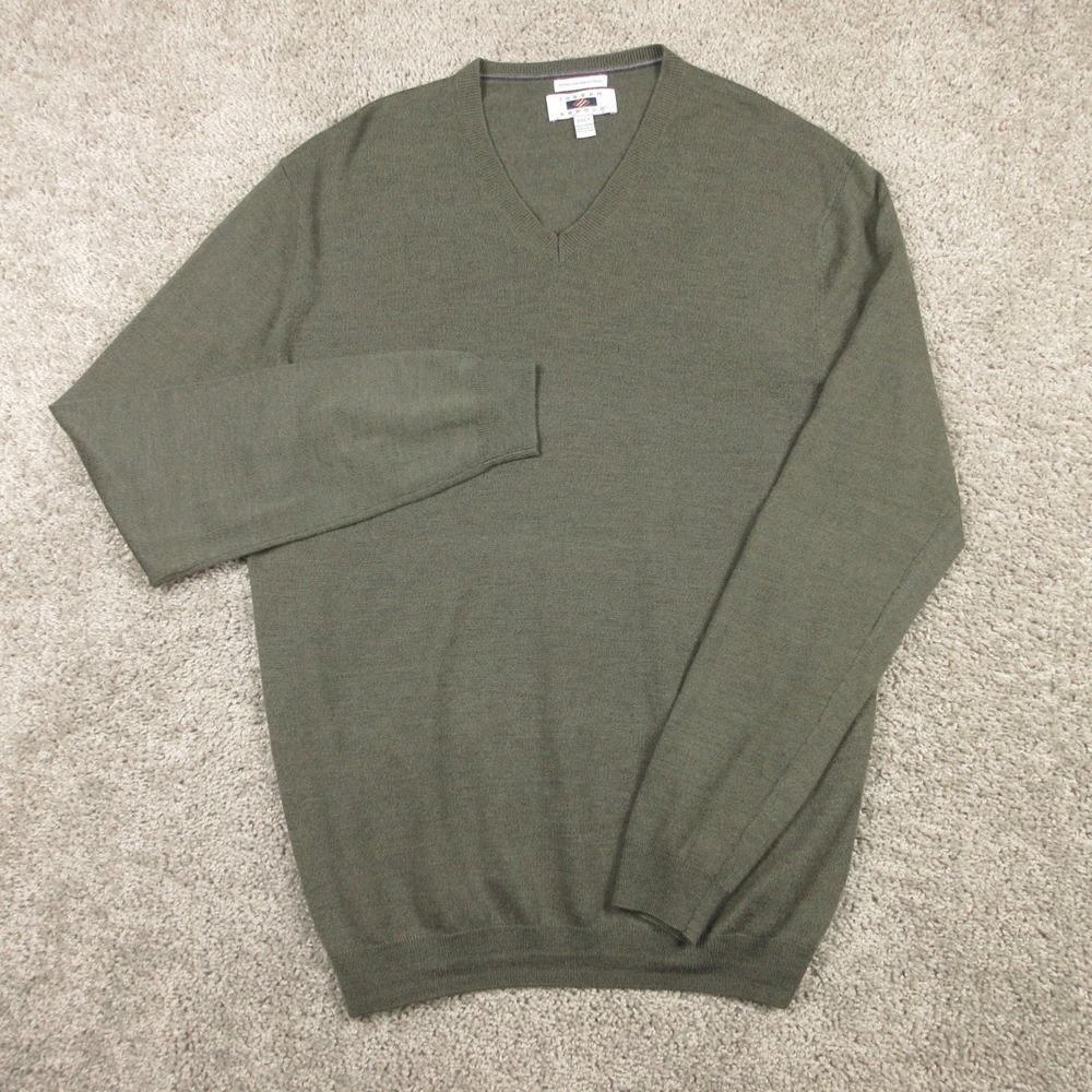 Joseph Abboud Sweater Mens XL Green Solid V-Neck Extra Fine Merino Knit Pullover